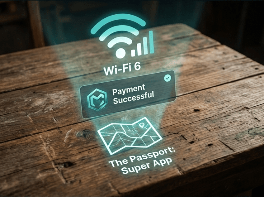 Illustration of invisible technology in Driftwood City showing Wi-Fi coverage, payment success, and passport-style journey tracking layered onto a timber tabletop.