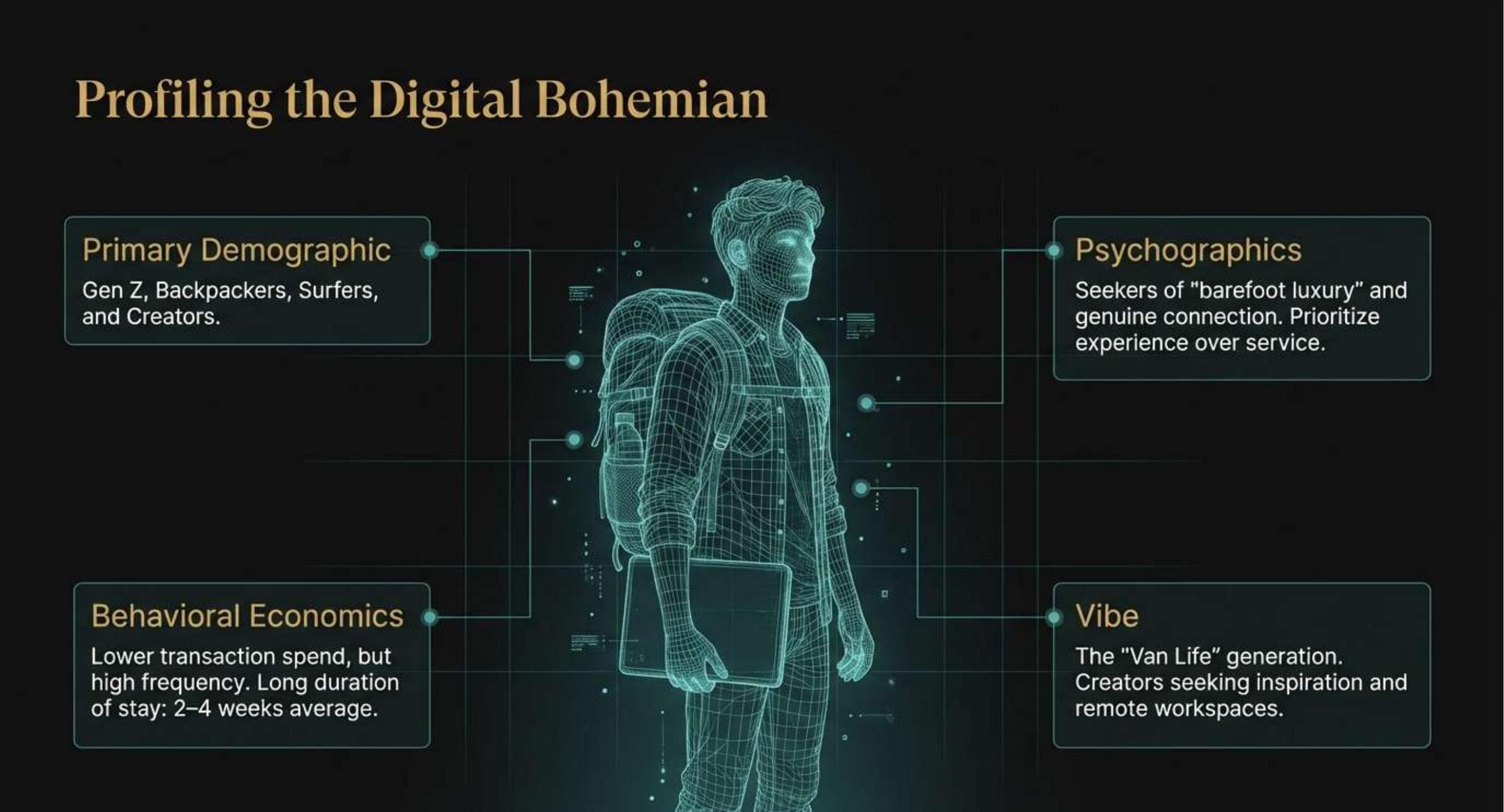 Slide titled Profiling the Digital Bohemian showing the core Driftwood City audience, psychographics, spending pattern, and creative remote-work vibe.