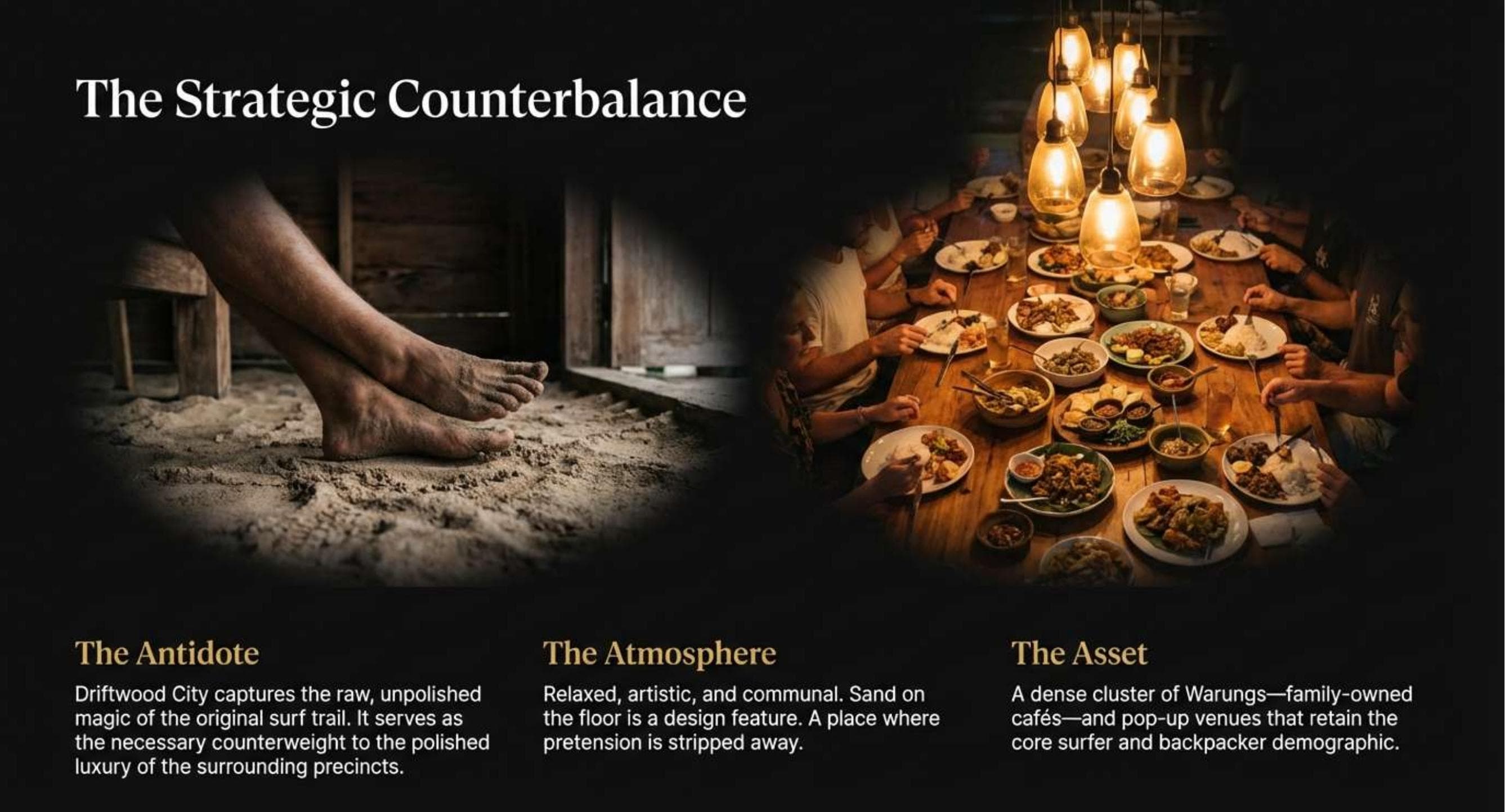 Slide titled The Strategic Counterbalance showing barefoot sand-floor imagery and communal dining to explain Driftwood City as the raw social foil to polished precincts.