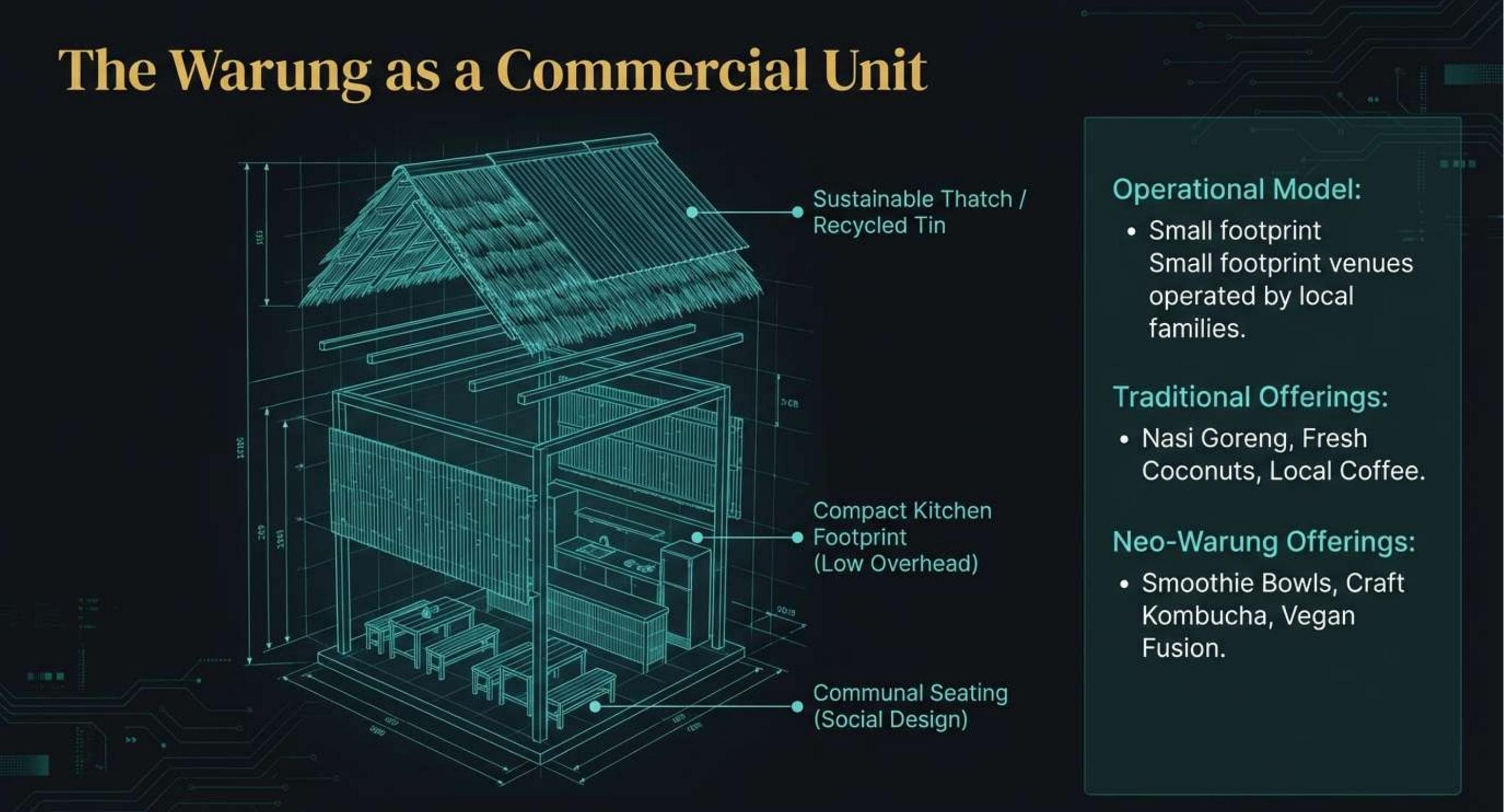 Slide titled The Warung as a Commercial Unit showing a compact venue diagram with communal seating, kitchen footprint, and traditional versus neo-warung offers.